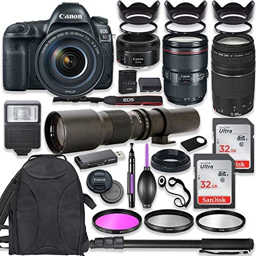 Canon EOS 5D Mark IV DSLR Camera w/ 24-105mm USM Lens Bundle + Canon EF 75-300mm III Lens, Canon 50mm f/1.8 and 500mm Preset Lens + Deluxe Backpack + 64GB Memory + Monopod + Professional Bundle
