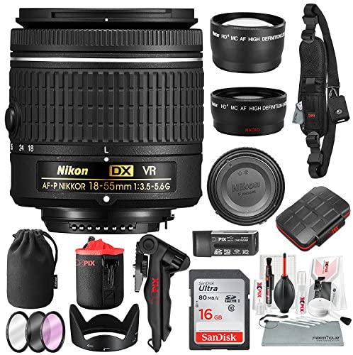 Nikon AF-P DX NIKKOR 18-55mm f/3.5-5.6G VR Lens for Nikon DSLR Camera with 16GB, Xpix 24X SD Card Waterproof Case, Stable Tripod, Cleaning Kit, and Platinum Bundle