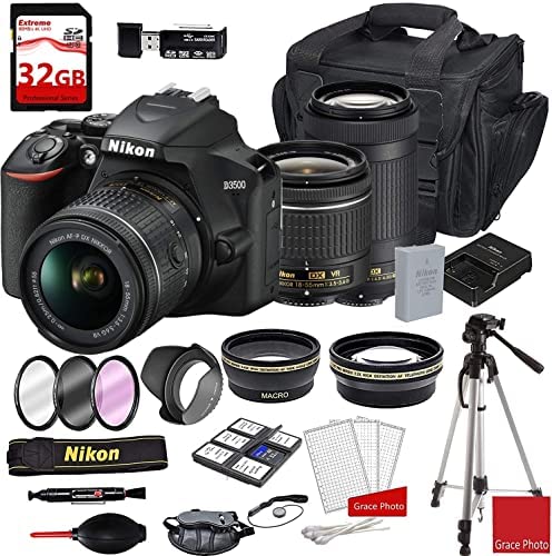Nikon D3500 DSLR Camera with AF-P DX NIKKOR 18-55mm f/3.5-5.6G VR Lens + Nikon AF-P DX NIKKOR 70-300mm f/4.5-6.3G ED Lens + Deluxe DSLR Camera Case + 32GB Extreme Memory Bundle (25pcs)