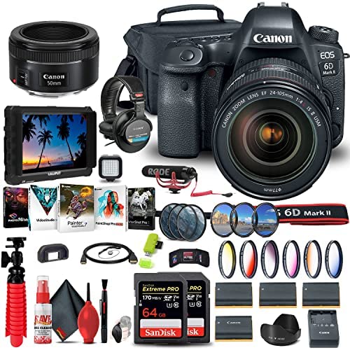 Canon EOS 6D Mark II DSLR Camera with 24-105mm f/4L II Lens (1897C009) + 4K Monitor + Canon EF 50mm Lens + Pro Mic + Pro Headphones + 2 x 64GB Memory Card + Color Filter Kit + Case + More (Renewed)
