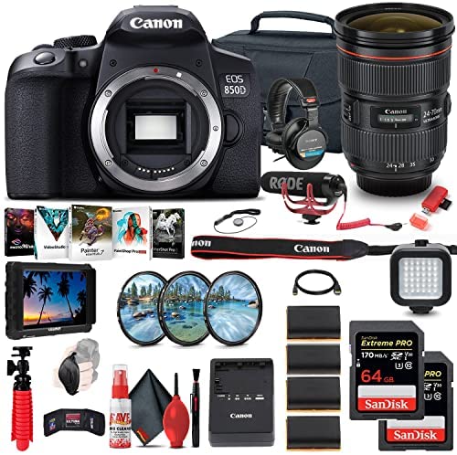 Canon EOS Rebel 850D / T8i DSLR Camera (Body Only) + 4K Monitor + Canon EF 24-70mm Lens + Pro Mic + Pro Headphones + 2 x 64GB Card + Case + Filter Kit + Photo Software + More (Renewed)