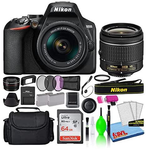 Nikon D3500 24.2MP DSLR Digital Camera with AF-P DX 18-55mm Lens (1590) Deluxe Bundle with 64GB SD Card + Large Camera Bag + Filter Kit + Spare Battery + Telephoto Lens (Renewed)