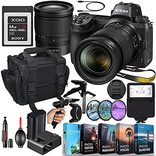Nikon Z6 Mirrorless Digital Camera with 24-70mm Lens MFR #1598 + 64GB XQD High Speed Memory + Slave Flash, Padded Shoulder Bag, Grip Tripod, HD Filters, Video/Photo Software Package & More (Renewed)