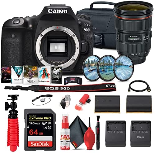 Canon EOS 90D DSLR Camera (Body Only) (3616C002) + Canon EF 24-70mm Lens + 64GB Card + Case + Filter Kit + Corel Photo Software + LPE6 Battery + Charger + Card Reader + More (Renewed)