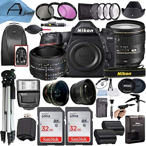Nikon D780 DSLR Camera 24.5MP Sensor with AF-S NIKKOR 24-120mm f/4G ED VR & 50mm f/1.8D Lens Kit, 2 Pack SanDisk 32GB Memory Card, Backpack & A-Cell Accessory Bundle (Black)