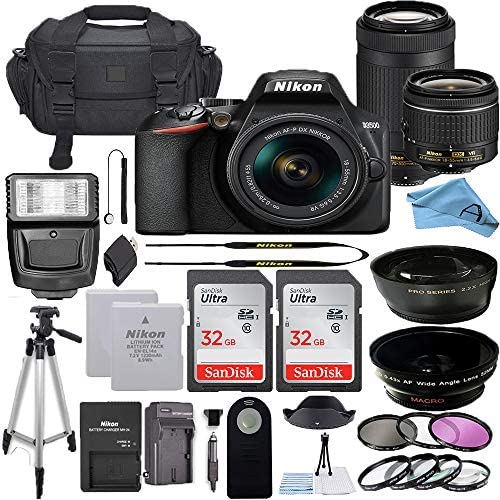 Nikon D3500 DSLR Camera with 24.2MP Sensor, NIKKOR AF-P 18-55mm VR & 70-300mm Dual Zoom Lens Kit, 2 Pack Sandisk 32GB Memory Card + A-Cell Accessory Bundle (32GB)