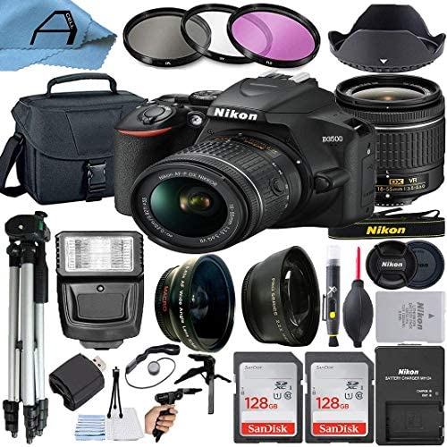 Nikon D3500 DSLR Camera 24.2MP Sensor with NIKKOR 18-55mm f/3.5-5.6G VR Lens, 2 Pack SanDisk 128GB Memory Card, Bag, Tripod, Slave Flash Light and A-Cell Accessory Bundle (Black)