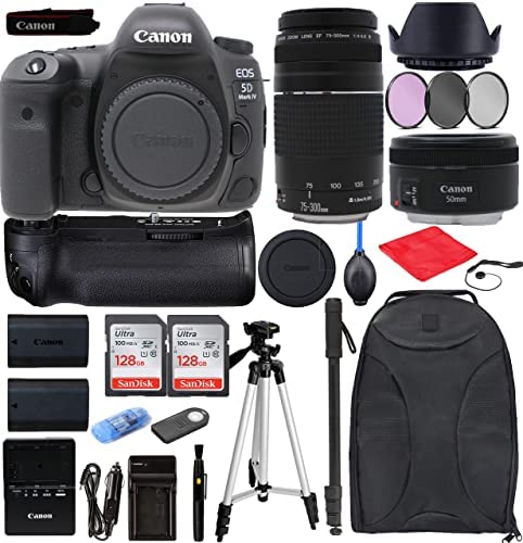Canon EOS 5D Mark IV DSLR Camera Bundle with EF 50mm f1.8 STM Lens + EF 75-300mm f4-5.6 III Lens + 256Gb Memory, Accessories, Black, full-size (1483C002)