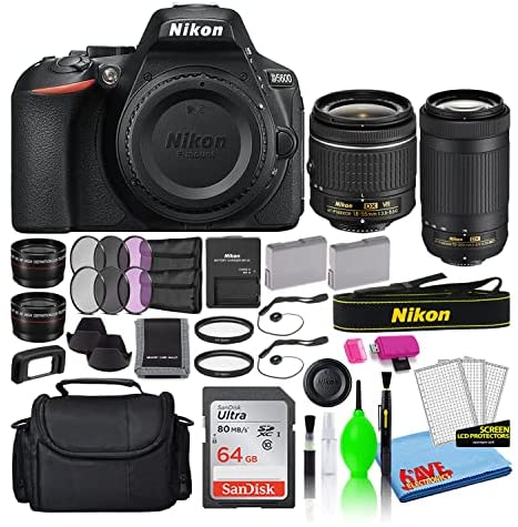 Nikon D5600 24.2MP DSLR Digital Camera with 18-55mm and 70-300mm Lenses (1580) Deluxe Bundle with 64GB SD Card + Large Camera Bag + Filter Kits + Spare Battery + Telephoto Lens (Renewed)