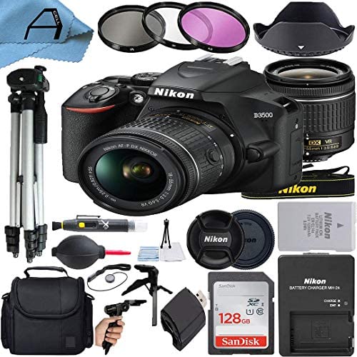 Nikon D3500 DSLR Camera 24.2MP Sensor with NIKKOR 18-55mm f/3.5-5.6G VR Lens, SanDisk 128GB Memory Card, Case, 2 Pcs Tripod, 3 Pack Filters and A-Cell Accessory Bundle (Black)