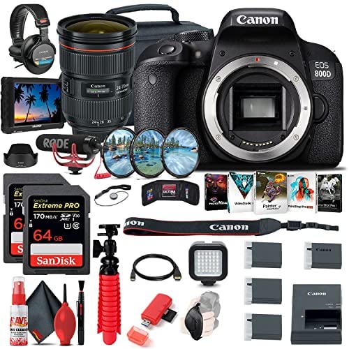 Canon EOS Rebel 800D / T7i DSLR Camera (Body Only) + 4K Monitor + Canon EF 24-70mm Lens + Pro Mic + Pro Headphones + 2 x 64GB Memory Card + Case + Corel Photo Software + More (Renewed)