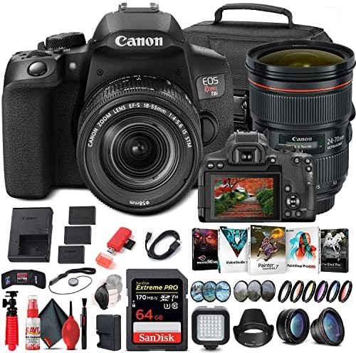 Canon EOS Rebel T8i DSLR Camera with 18-55mm Lens (3924C002) + Canon EF 24-70mm Lens + 64GB Memory Card + Color Filter Kit + Case + Filter Kit + Photo Software + 2 x LPE17 Battery + More (Renewed)