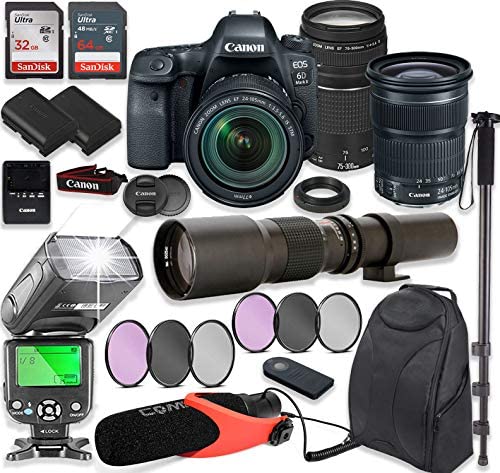 Canon EOS 6D Mark II DSLR Camera with Canon EF 24-105mm is STM Lens & EF 75-300mm III Lens + 500mm Preset Wildlife Lens + Auto TTL Flash + Backpack + Comica Microphone with Professional Accessories
