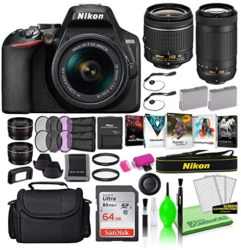 Nikon D3500 24.2MP DSLR Digital Camera with 18-55mm and 70-300mm Lenses (1588) USA Model Deluxe Bundle -Includes- Sandisk 64GB SD Card + Large Camera Bag + Editing Software + Spare Battery + Filters