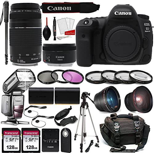 Canon EOS 5D Mark IV DSLR Full Frame Camera with EF 50mm F1.8 STM Lens + EF 75-300mm F4-5.6 III Lens Kit Prime Travel Bundle