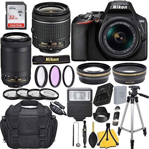 Nikon D3500 DSLR Camera with AF-P DX NIKKOR 18-55mm f/3.5-5.6G VR + AF-P NIKKOR 70-300mm f/4.5-6.3G ED + 32GB Memory Card + Slave Flash + Case + More.