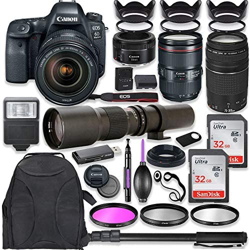 Canon EOS 6D Mark II DSLR Camera w/ 24-105mm USM Lens Bundle + Canon EF 75-300mm III Lens, Canon 50mm f/1.8 and 500mm Preset Lens + Deluxe Backpack + 64GB Memory + Monopod + Professional Bundle