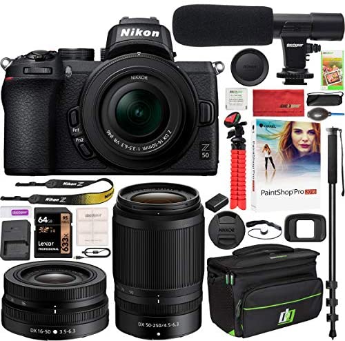 Nikon Z50 Mirrorless Camera Body 4K UHD DX-Format 2 Lens Kit NIKKOR Z DX 16-50mm F/3.5-6.3 VR + Z DX 50-250mm F/4.5-6.3 VR Bundle with Deco Gear Case + Microphone + Monopod + 64GB Card & Accessories