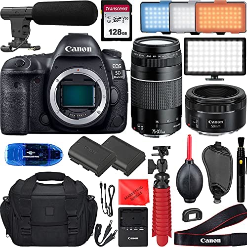 Canon EOS 5D Mark IV DSLR Camera with EF 50mm f/1.8 STM, EF 75-300mm f/4-5.6 III Lens, Portable LED Light, 128GB Memory Card, Microphone, Extra LP-E6 Battery, Gadget Bag, Cleaning Kit + More 1483C002 Canon EOS 5D Mark IV DSLR Camera with EF 50mm f/1.8 STM, EF 75-300mm f/4-5.6 III Lens, Portable LED Light, 128GB Memory Card, Microphone, Extra LP-E6 Battery, Gadget Bag, Cleaning Kit + More 1483C002