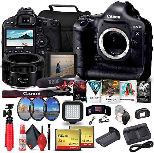 Canon EOS-1D X DSLR Camera (Body Only) (5253B002) + 4K Monitor + Rode VideoMic + Canon EF 50mm Lens + 2 x 32GB Compact Flash Card + Filter Kit + LED Light + Corel Photo Software + More (Renewed)