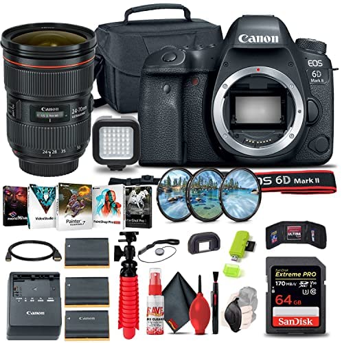 Canon EOS 6D Mark II DSLR Camera (Body Only) (1897C002) + Canon EF 24-70mm Lens + 64GB Card + Case + Filter Kit + Photo Software + 2 x LPE6 Battery + Card Reader + Light + More (Renewed) Canon EOS 6D Mark II DSLR Camera (Body Only) (1897C002) + Canon EF 24-70mm Lens + 64GB Card + Case + Filter Kit + Photo Software + 2 x LPE6 Battery + Card Reader + Light + More (Renewed)