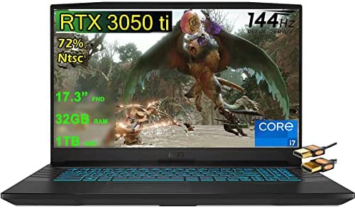 MSI Crosshair 17 Gaming Laptop 17.3” FHD IPS 144Hz (72% NTSC) 11th Generation Intel Octa-core i7-11800H 32GB RAM 1TB SSD GeForce RTX 3050 Ti 4GB USB-C Backlit Keyboard Win10 + HDMI Cable